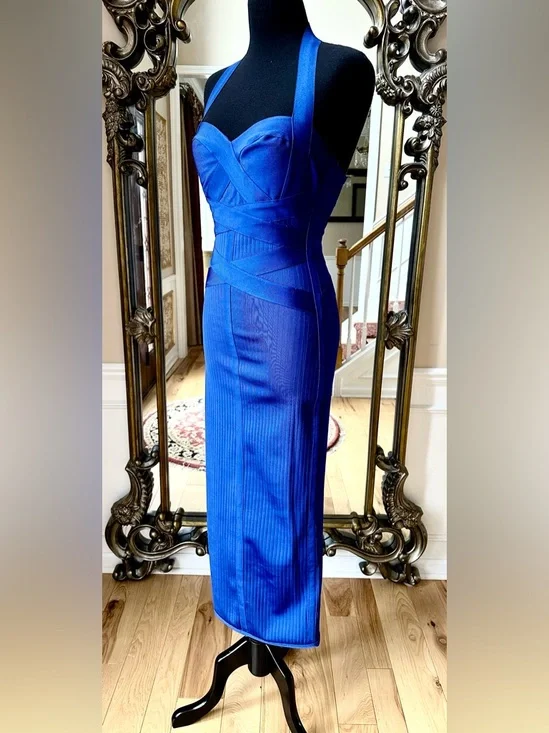 Fashion Nova Cobalt Blue Halter Midi Bandage Dress Size M - Picture 3 of 8